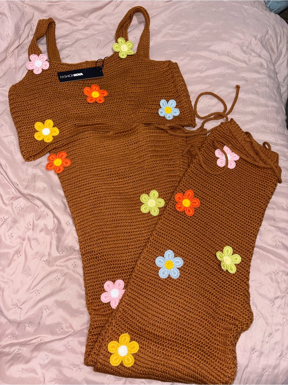 FASHION NOVA Brown Crochet Flower Two-Piece Sweater Set